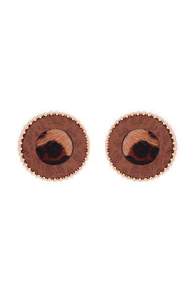 ANIMAL PRINT LEATHER ROUND TWO TONE POST EARRINGS