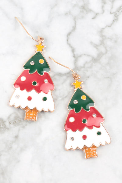 CHRISTMAS TREE ENAMEL FISH HOOK EARRINGS