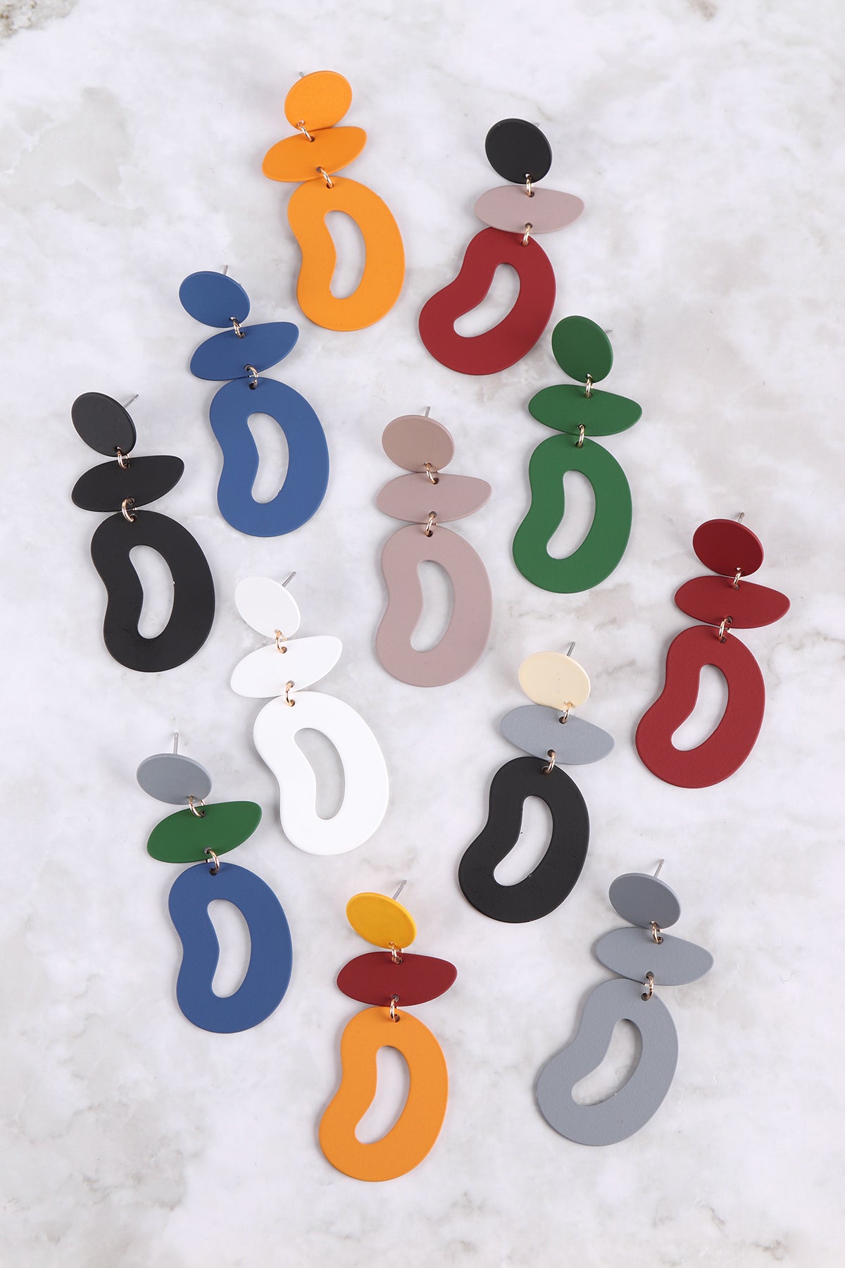 ORGANIC SHAPE 3 DROP COLOR COATED EARRINGS/6PCS (NOW $1.00 ONLY!)