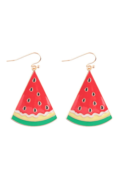 WATERMELON ENAMEL DANGLE FISH HOOK EARRINGS