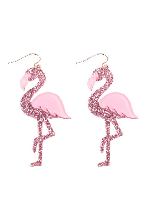 GLITTER FLAMINGO ACRYLIC DANGLE FISH HOOK EARRINGS