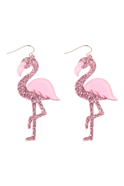 GLITTER FLAMINGO ACRYLIC DANGLE FISH HOOK EARRINGS