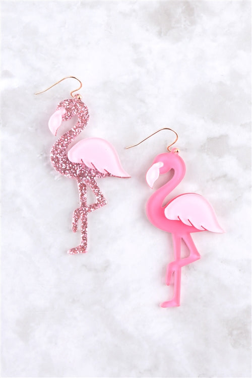 GLITTER FLAMINGO ACRYLIC DANGLE FISH HOOK EARRINGS