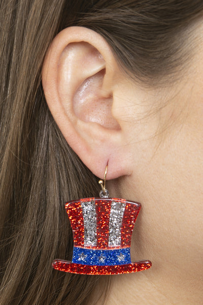 HAT USA FLAG ACRYLIC GLITTER HOOK EARRINGS