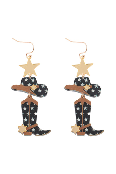 WESTERN COWBOY STAR BOOTS HAT LAYERED DROP EARRINGS