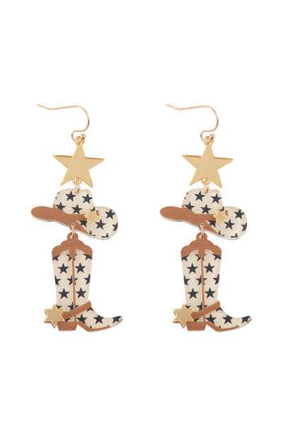 WESTERN COWBOY STAR BOOTS HAT LAYERED DROP EARRINGS