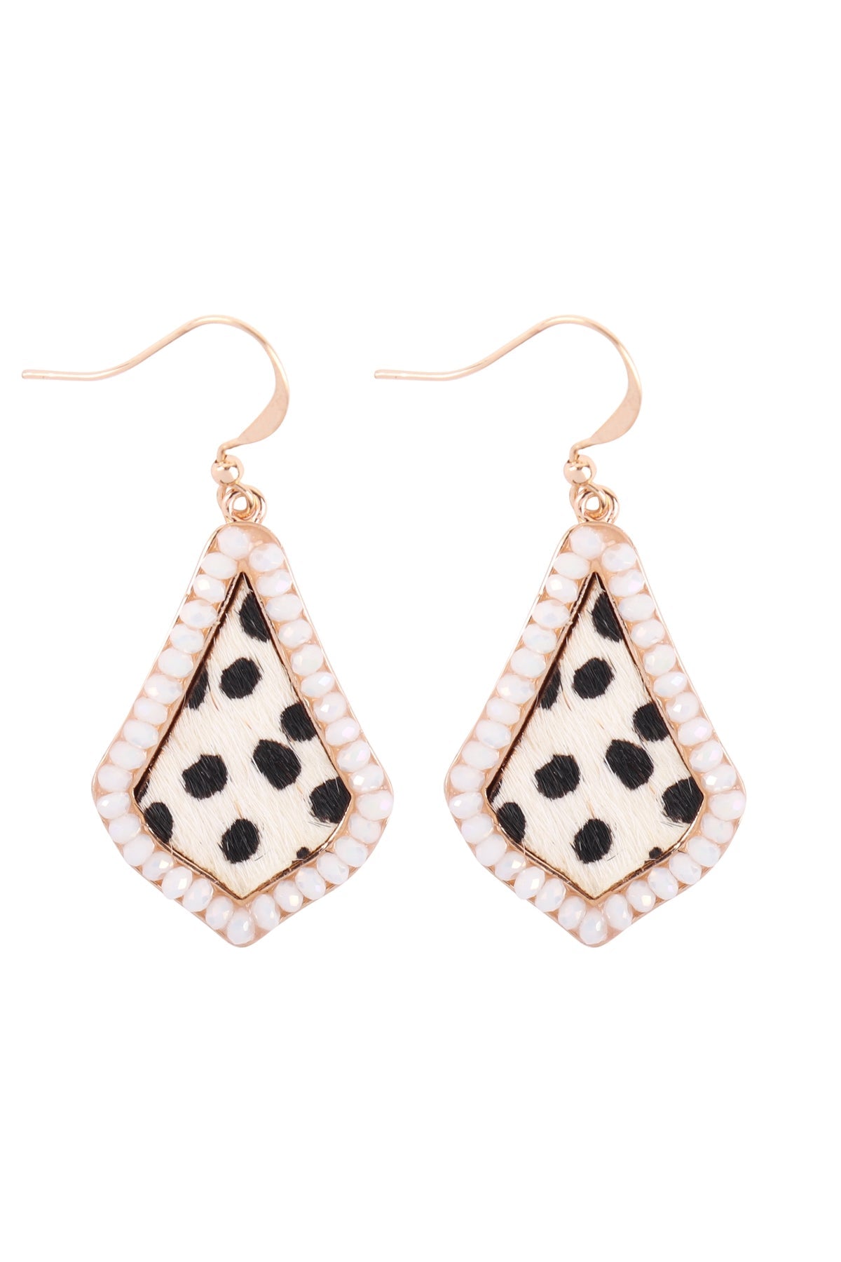 GENUINE LEATHER CHEETAH PRINT KITE SHAPE RONDELLE BEAD EARRINGS