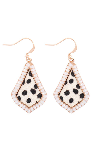 GENUINE LEATHER CHEETAH PRINT KITE SHAPE RONDELLE BEAD EARRINGS