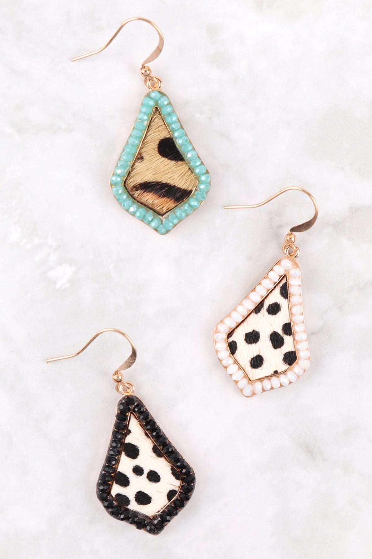 GENUINE LEATHER CHEETAH PRINT KITE SHAPE RONDELLE BEAD EARRINGS