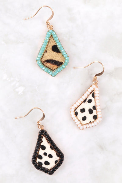 GENUINE LEATHER CHEETAH PRINT KITE SHAPE RONDELLE BEAD EARRINGS