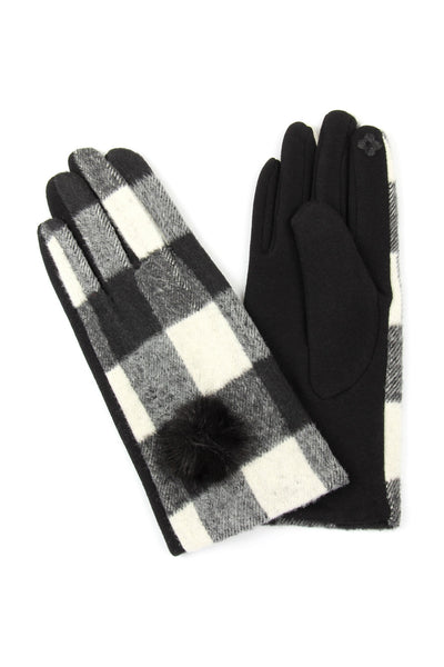 BUFFALO PLAID POMPOM GLOVES SMART TOUCH BLACK/6PCS (NOW $3.25 ONLY!)