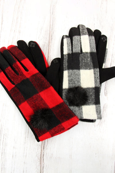 BUFFALO PLAID POMPOM GLOVES SMART TOUCH BLACK/6PCS (NOW $3.25 ONLY!)