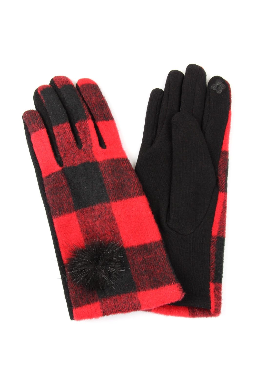 BUFFALO PLAID POMPOM GLOVES SMART TOUCH RED/6PCS