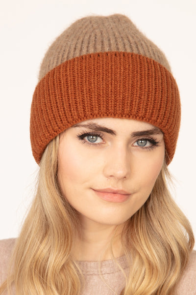 WOOL BLENDED TWO TONE SOLID BEANIE TAUPE CLAY