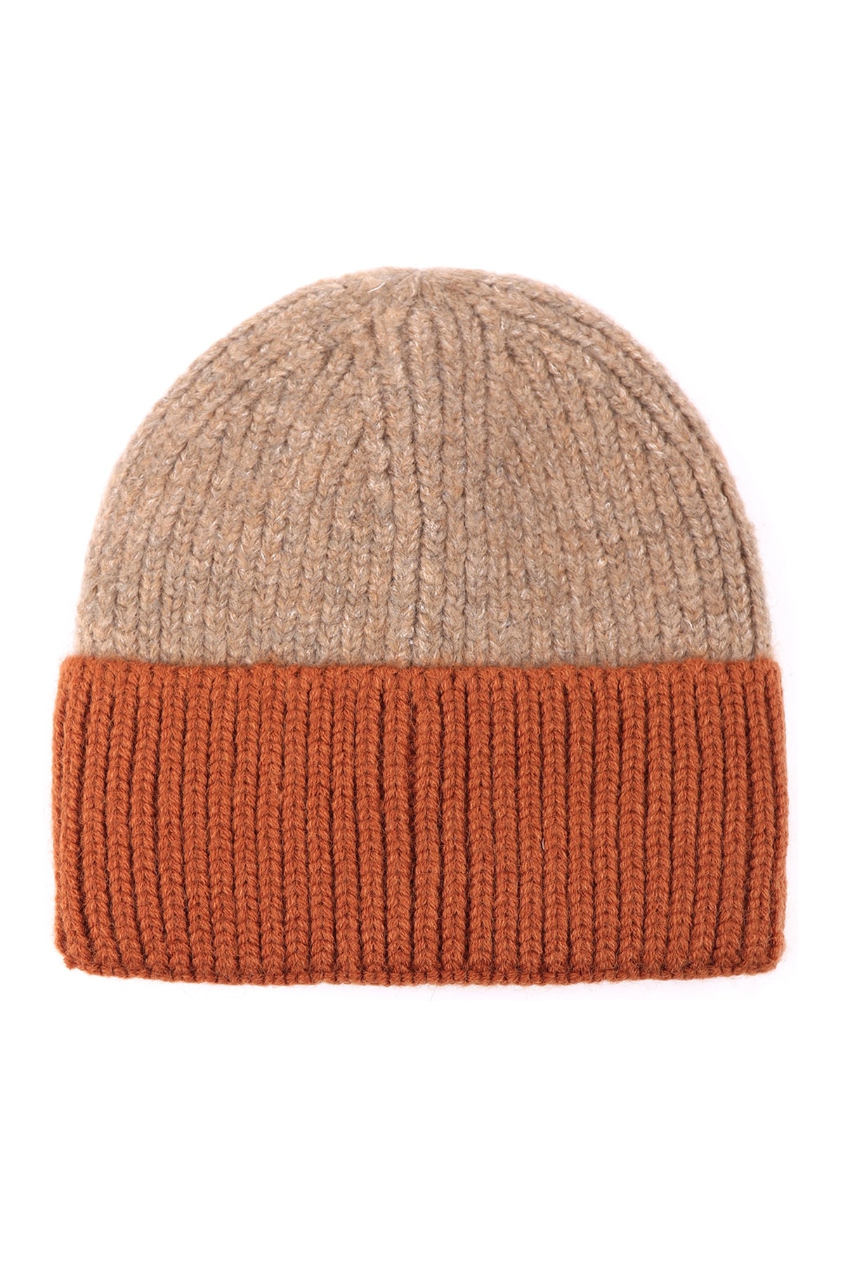 WOOL BLENDED TWO TONE SOLID BEANIE TAUPE CLAY