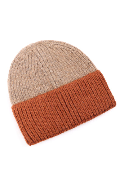 WOOL BLENDED TWO TONE SOLID BEANIE TAUPE CLAY