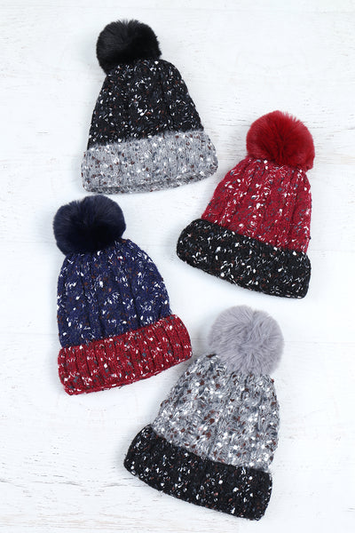 TWO TONE CONFETTI FLEECE POMPOM BEANIE BLACK GRAY (NOW $5.25 ONLY!)