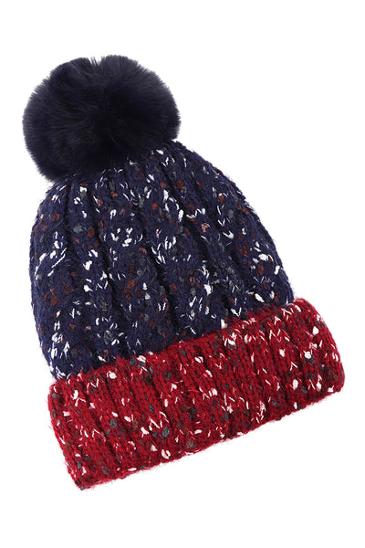 TWO TONE CONFETTI FLEECE POMPOM BEANIE BLACK GRAY (NOW $5.25 ONLY!)