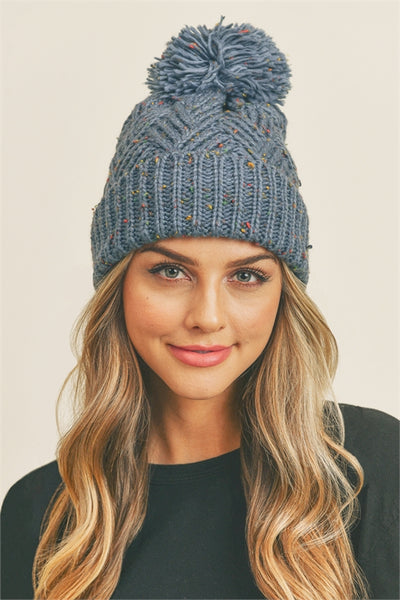 CONFETTI DIAGONAL STRIPES POMPOM KNIT BEANIE