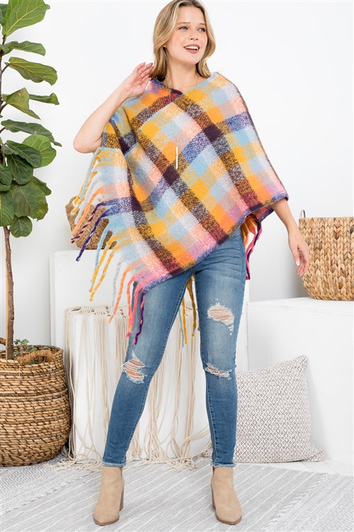 MULTICOLOR PLAID FRINGE PONCHO