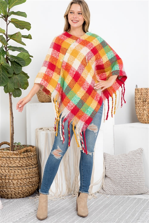 MULTICOLOR PLAID FRINGE PONCHO