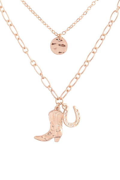 COWBOY HORSESHOE BOOTS DISK PENDANT LAYERED NECKLACE