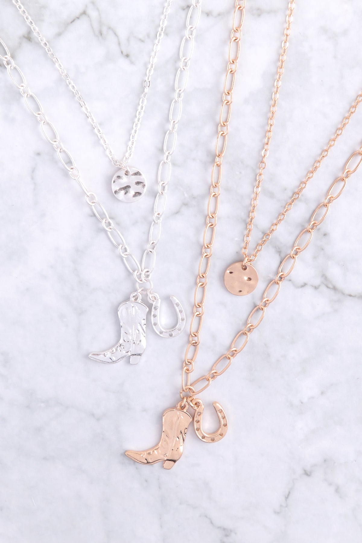 COWBOY HORSESHOE BOOTS DISK PENDANT LAYERED NECKLACE