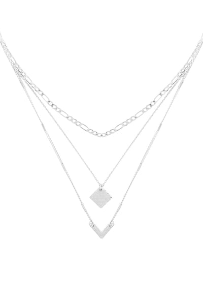 HAMMERED DIAMOND & V PENDANT MULTI LAYERED CHAIN NECKLACE