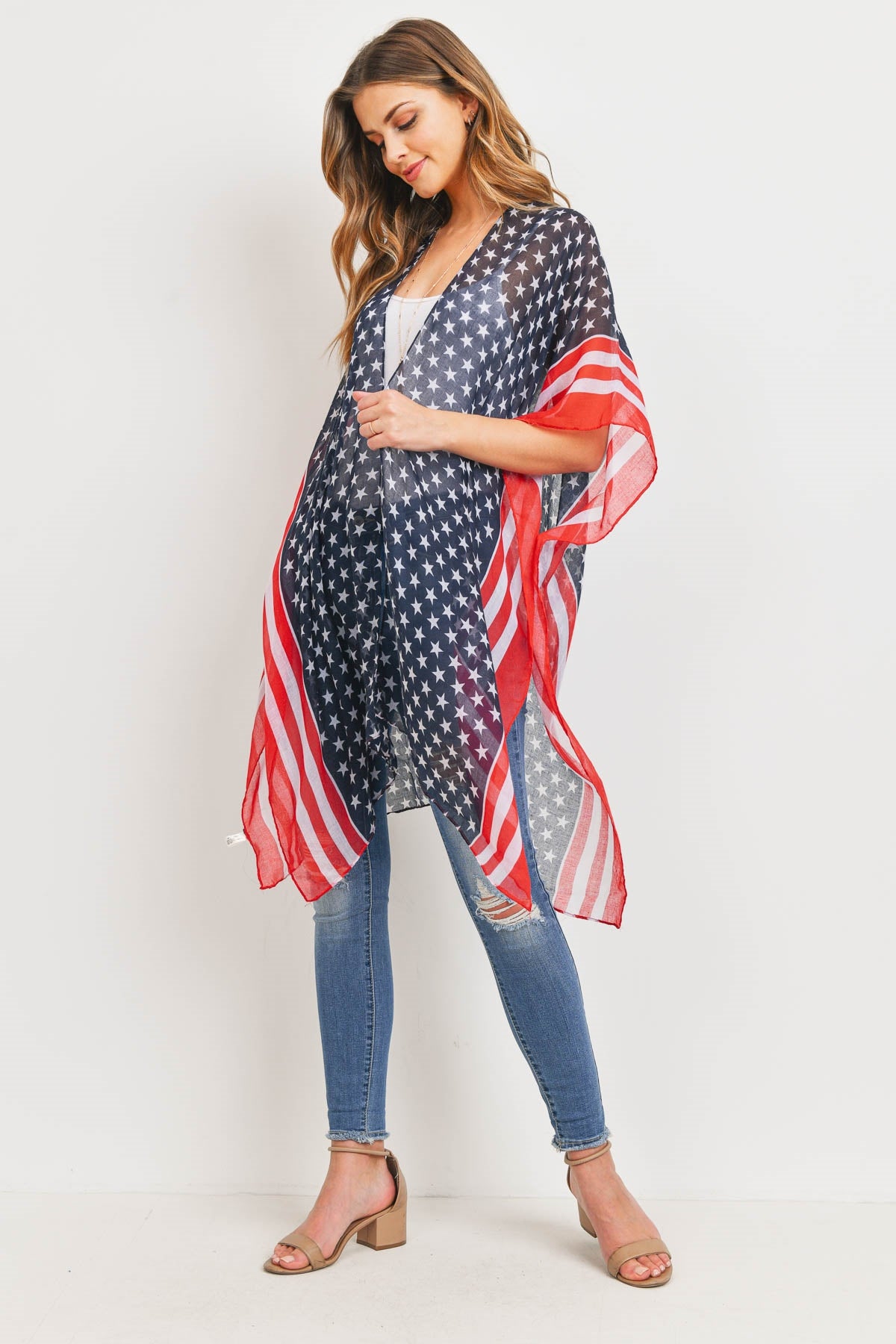 STRIPE TRIM AMERICAN FLAG KIMONO /6PCS