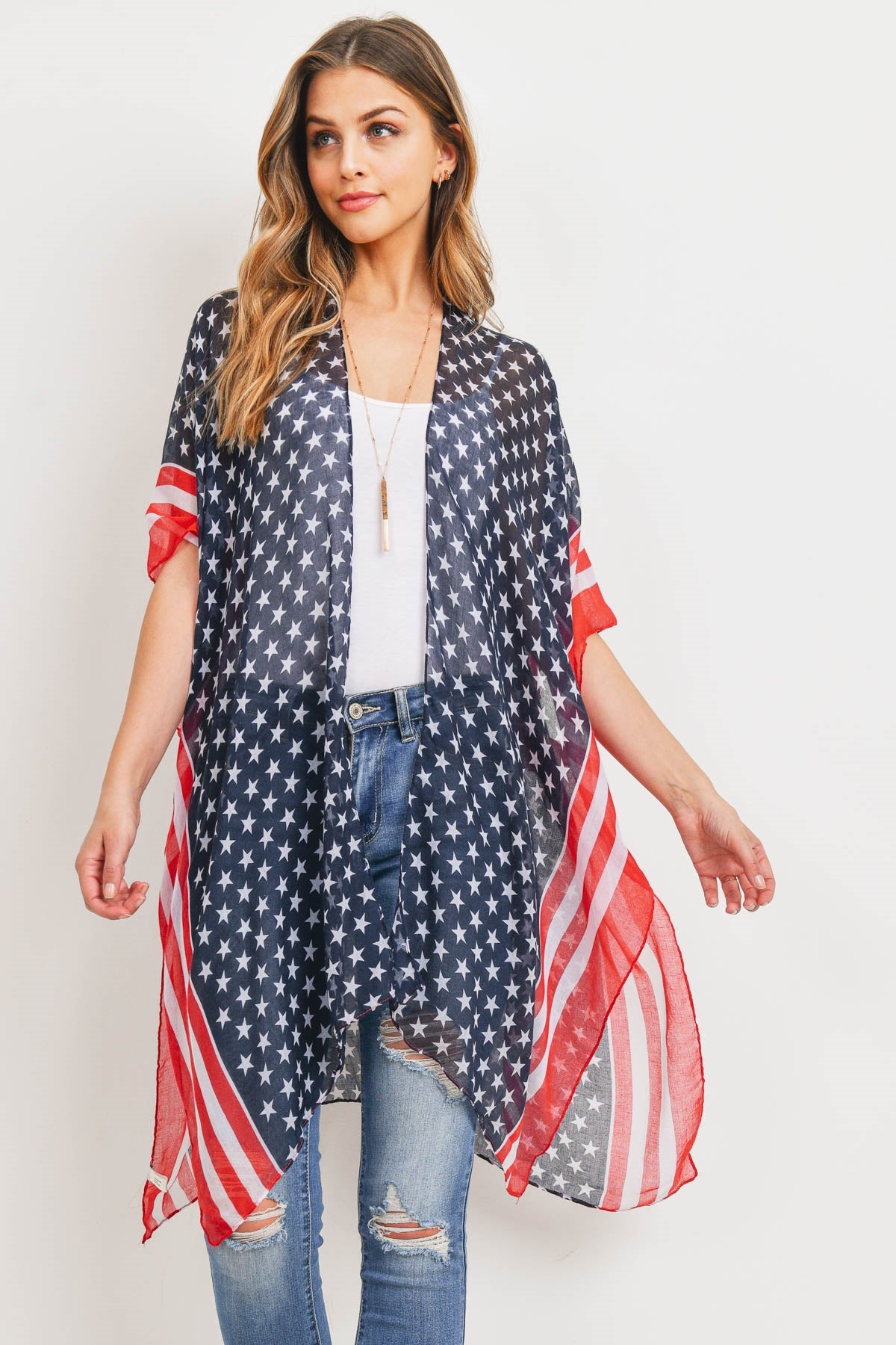 STRIPE TRIM AMERICAN FLAG KIMONO /6PCS