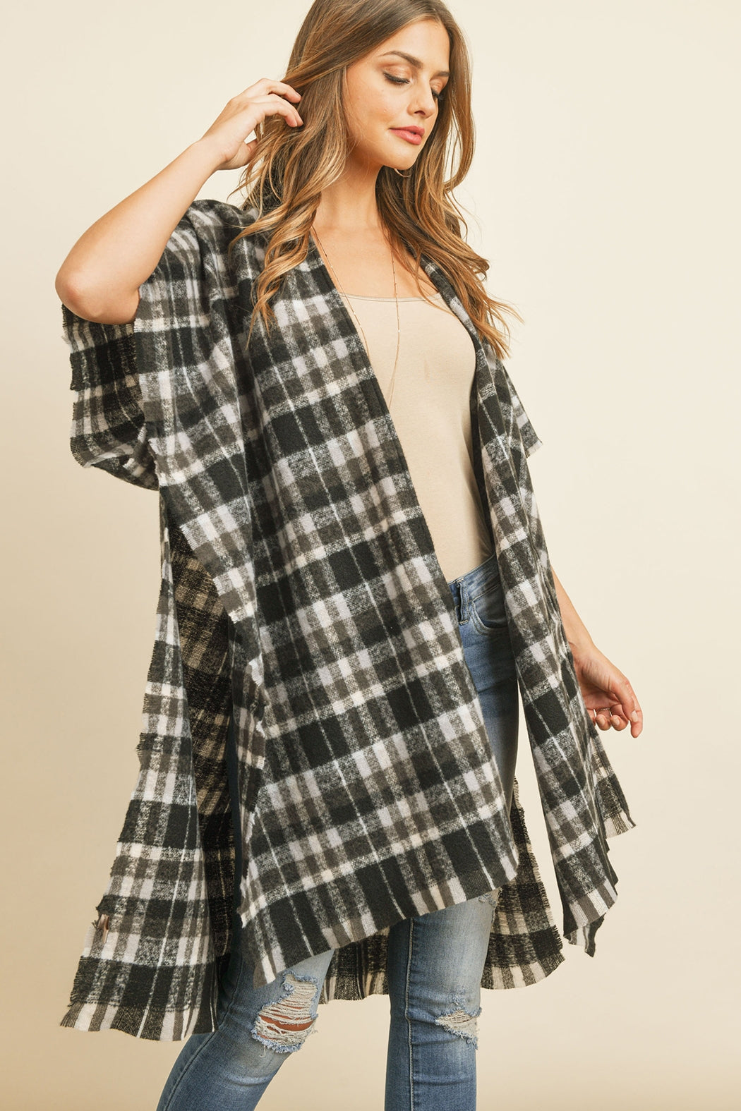 KNEE LENGTH TARTAN PLAID KIMONO