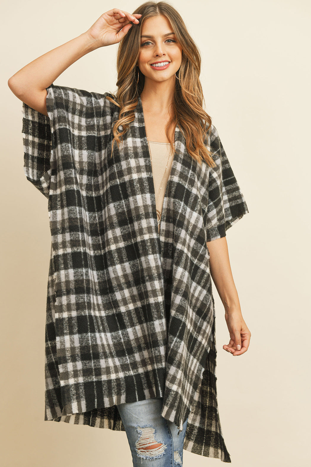 KNEE LENGTH TARTAN PLAID KIMONO