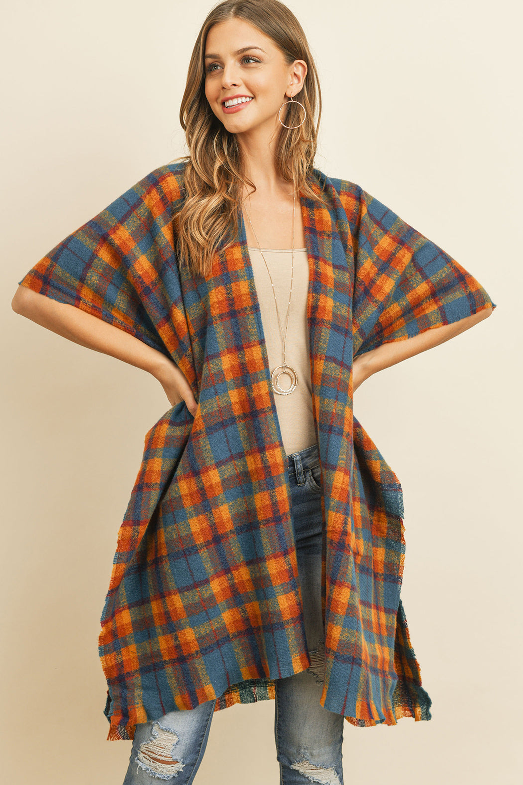 KNEE LENGTH TARTAN PLAID KIMONO