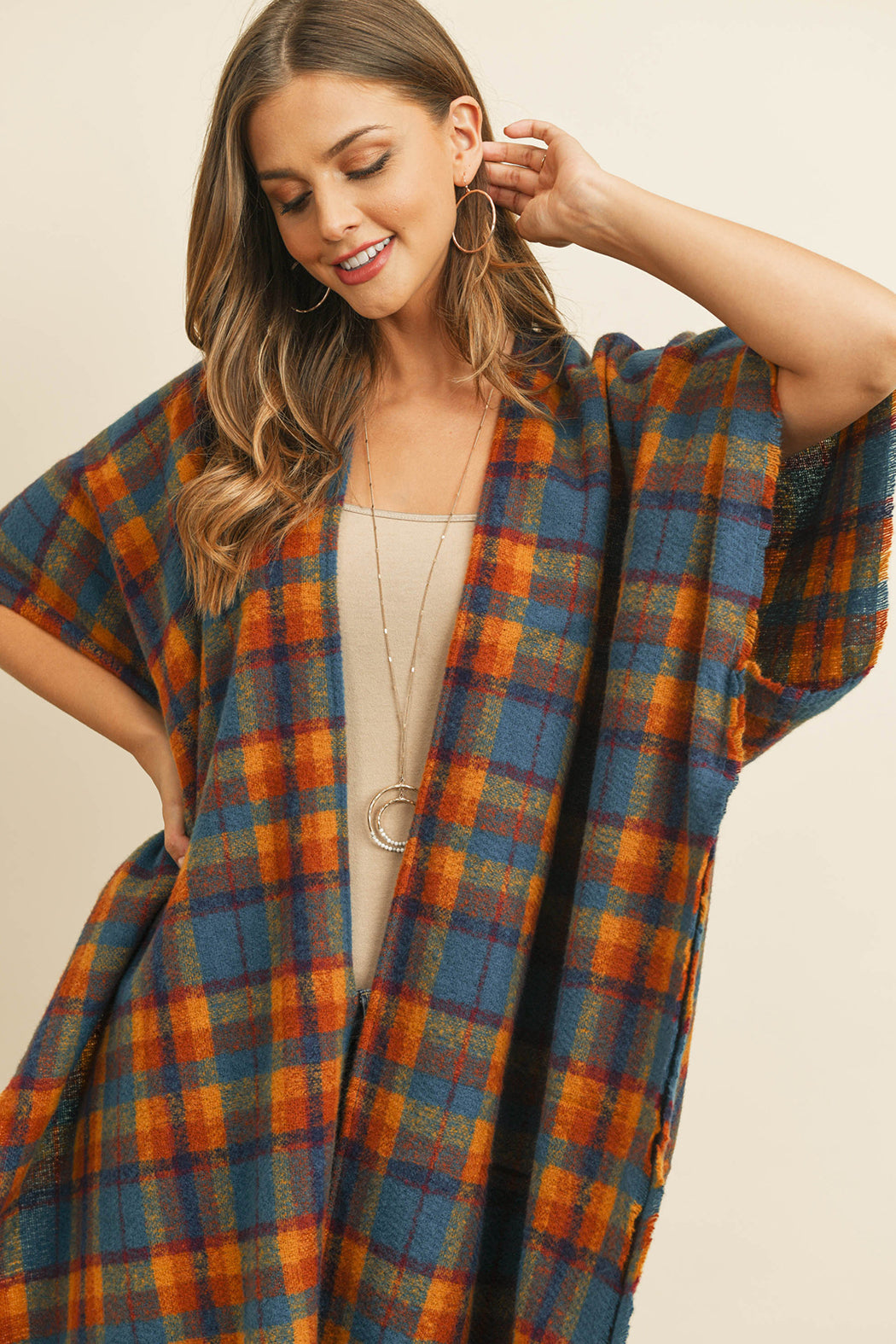 KNEE LENGTH TARTAN PLAID KIMONO