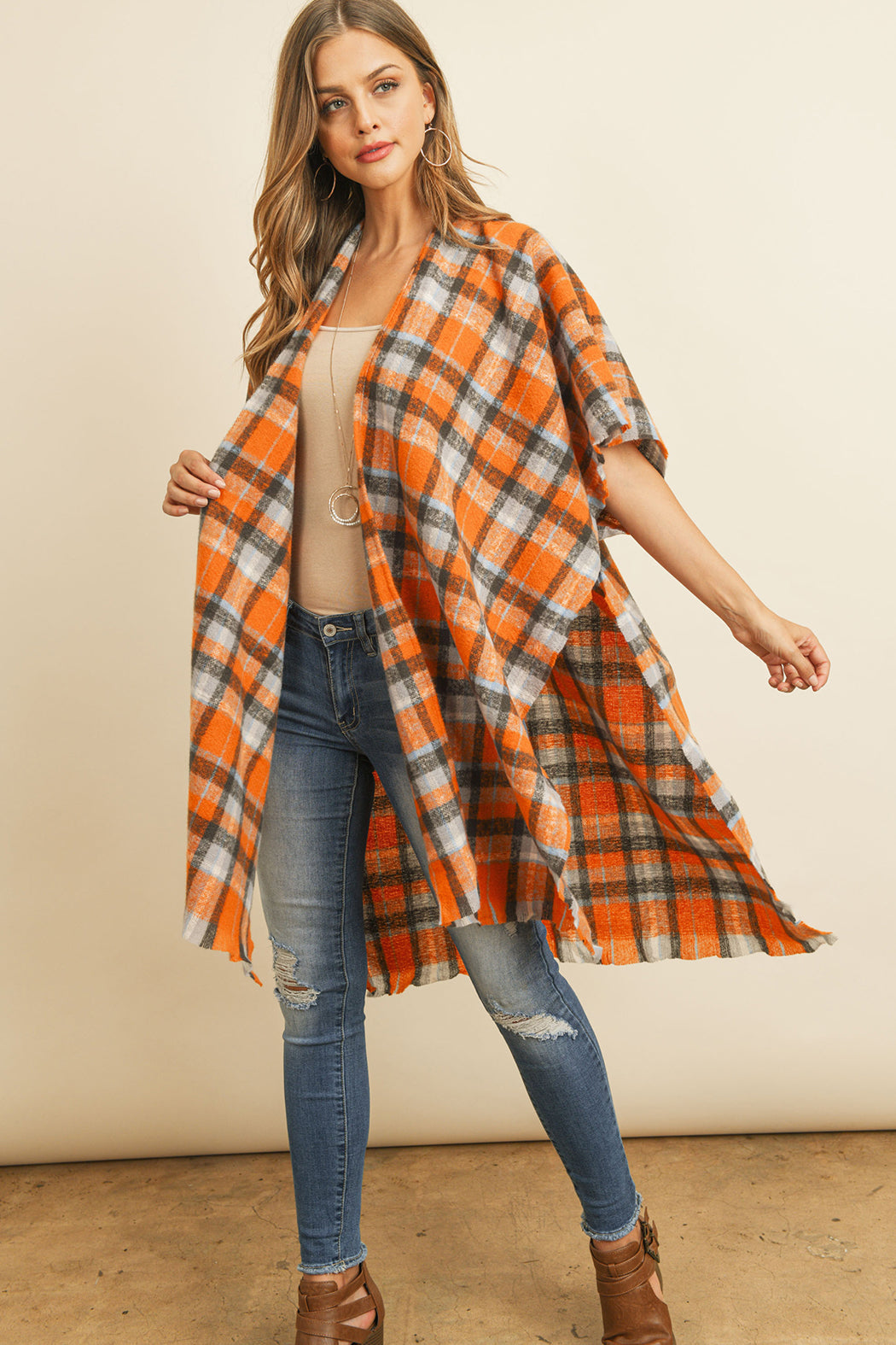 KNEE LENGTH TARTAN PLAID KIMONO