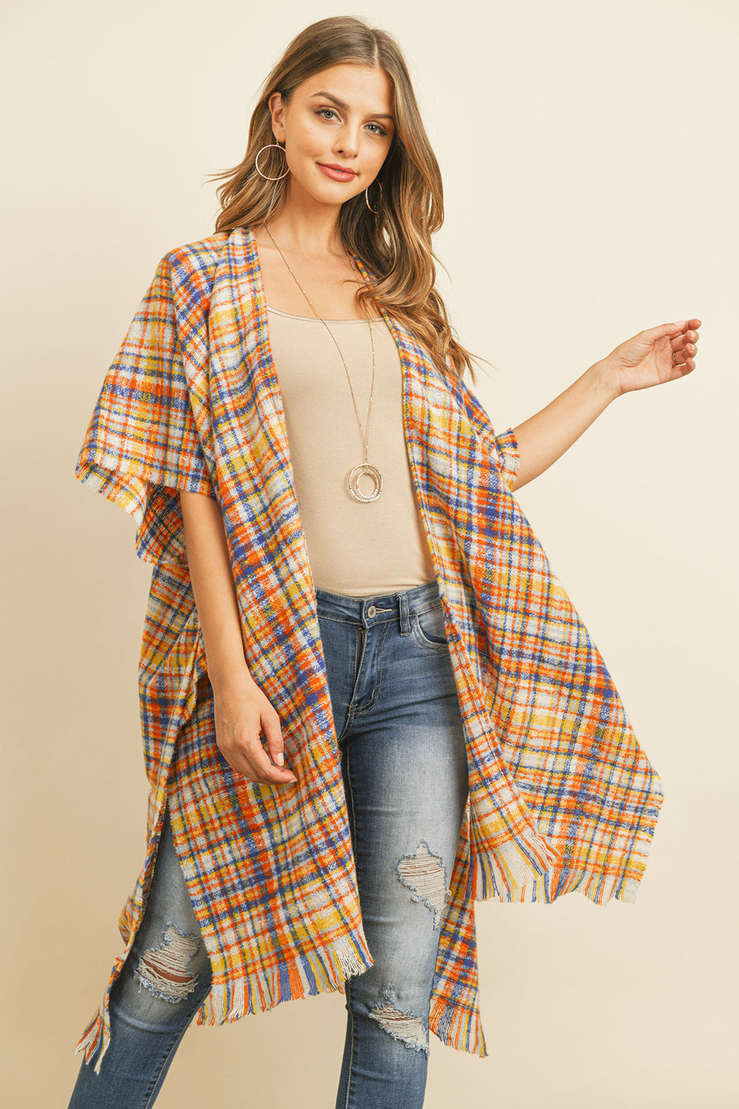 KNEE LENGTH TARTAN PLAID FRINGE KIMONO