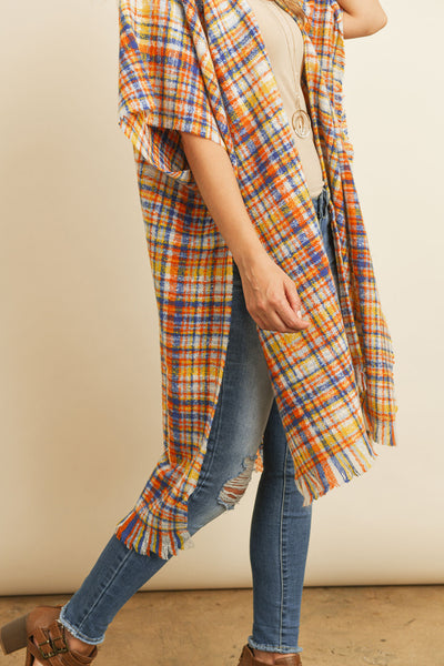KNEE LENGTH TARTAN PLAID FRINGE KIMONO