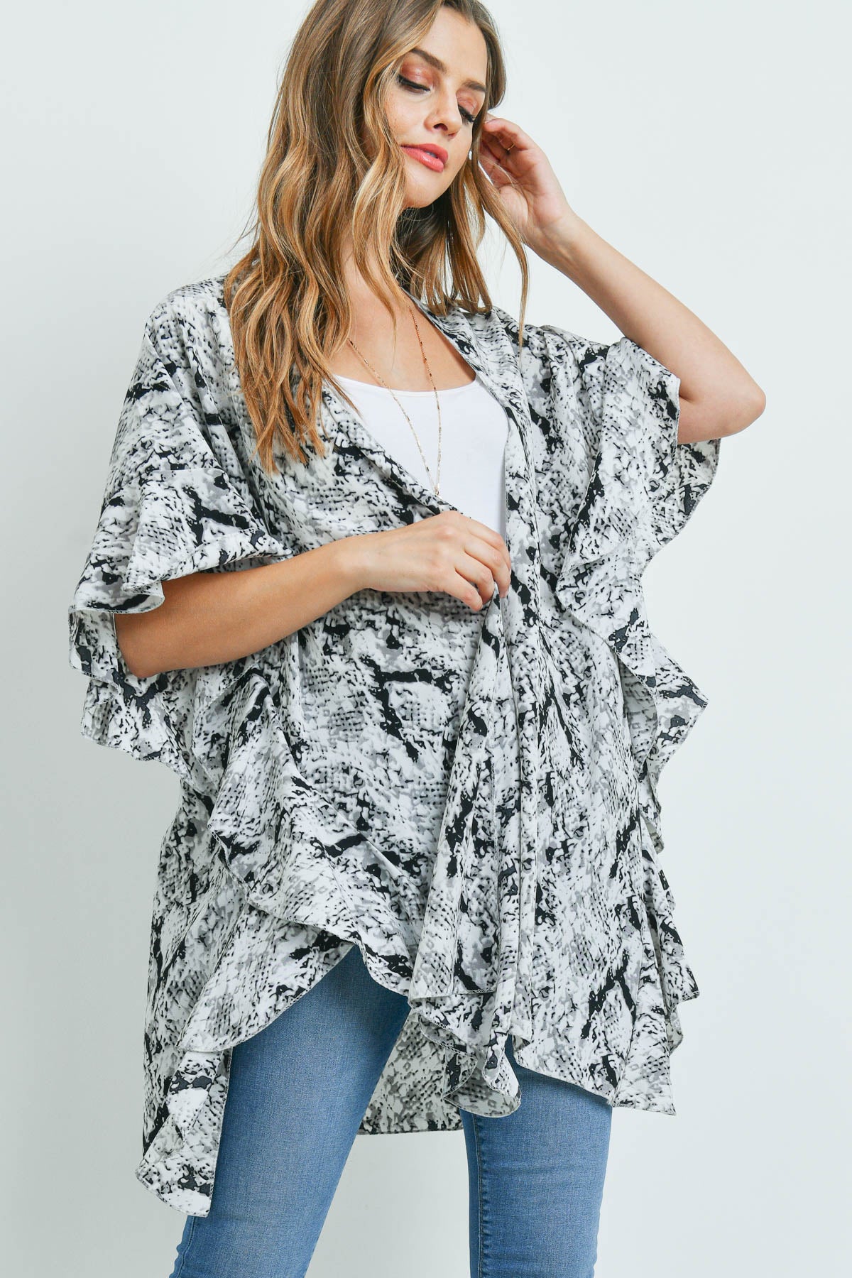 SNAKE PRINT RUFFLE KIMONO (NOW $3.75 ONLY!)