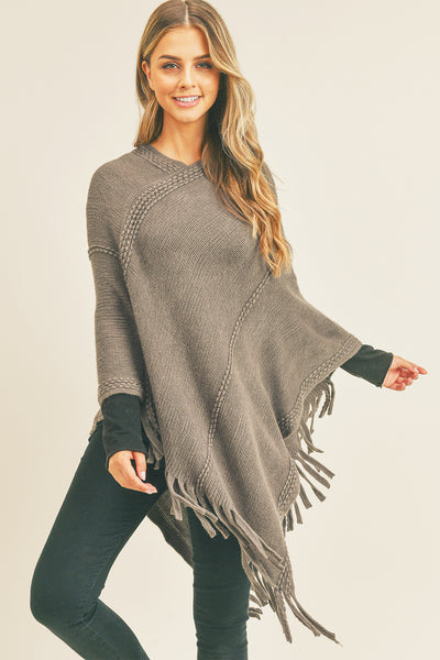 EMBOSSED DOTTED LINE TASSEL PONCHO