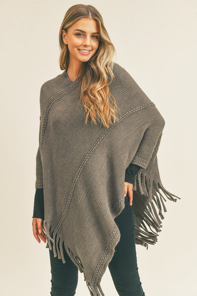 EMBOSSED DOTTED LINE TASSEL PONCHO