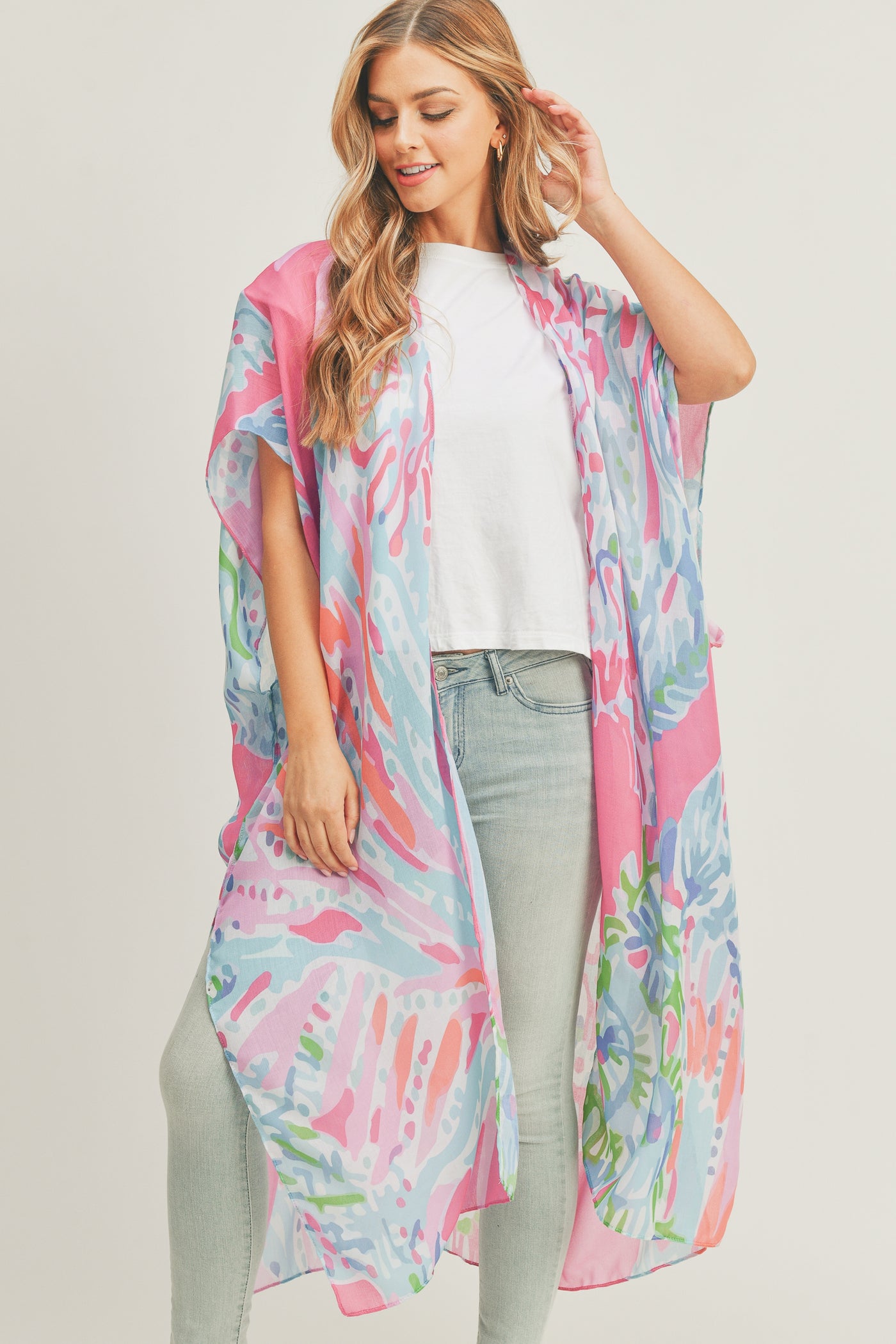 TROPICAL PRINT MAXI OPEN FRONT KIMONO