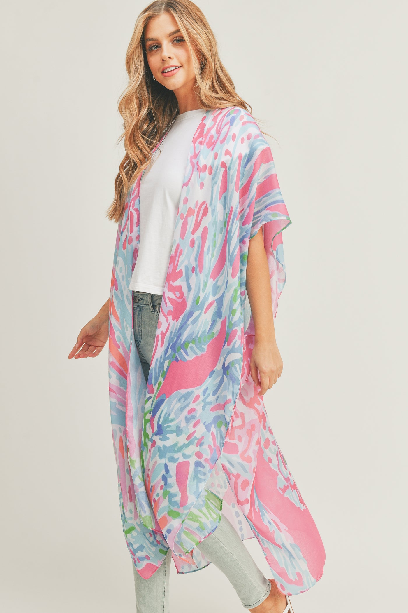 TROPICAL PRINT MAXI OPEN FRONT KIMONO