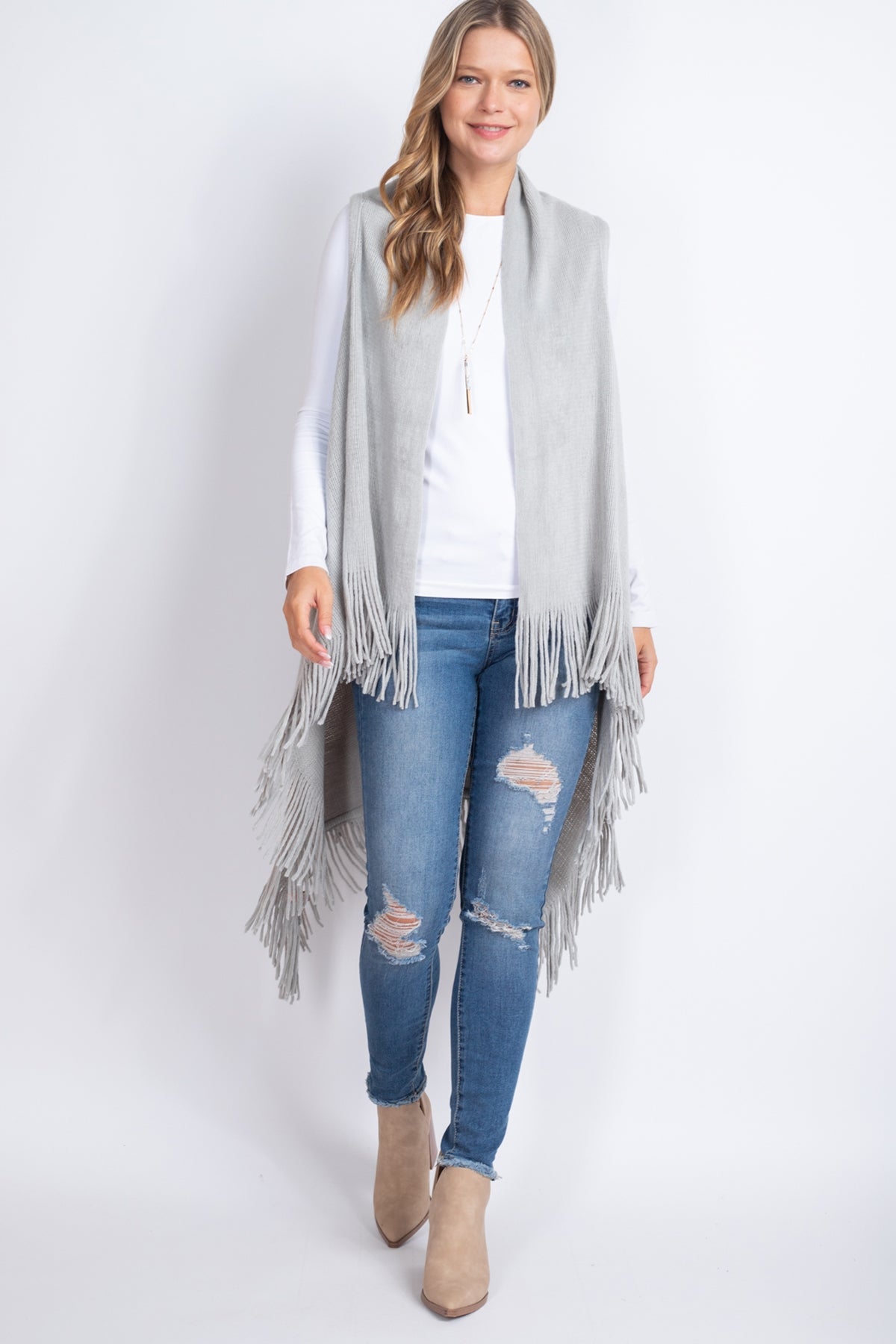 SOLID FRINGE KNIT VEST GRAY /6PCS