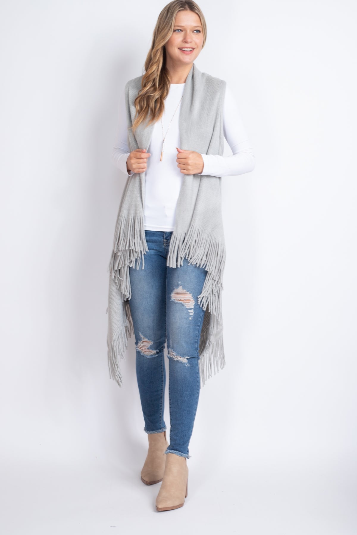 SOLID FRINGE KNIT VEST GRAY /6PCS