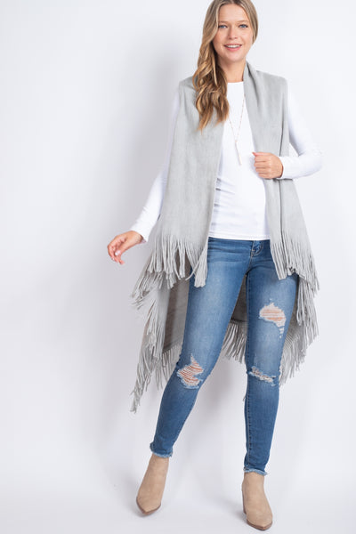 SOLID FRINGE KNIT VEST GRAY /6PCS