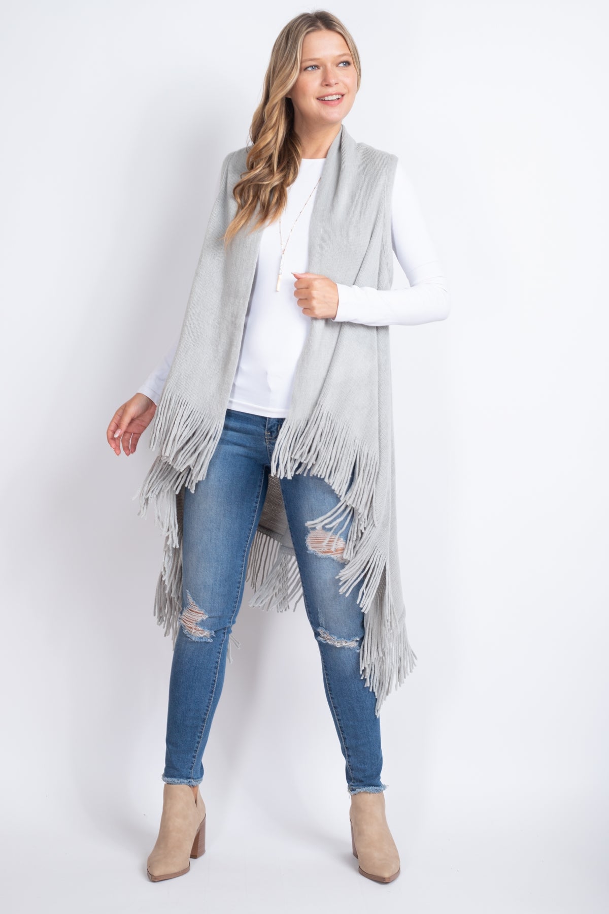 SOLID FRINGE KNIT VEST GRAY /6PCS