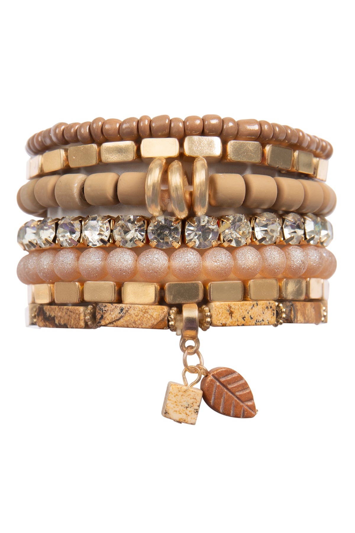 MIX STONE BEADS CCB RHINESTONE LEAF PENDANT, CHARM LEYERED VERSATILE BRACELET SET