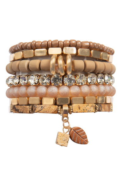 MIX STONE BEADS CCB RHINESTONE LEAF PENDANT, CHARM LEYERED VERSATILE BRACELET SET