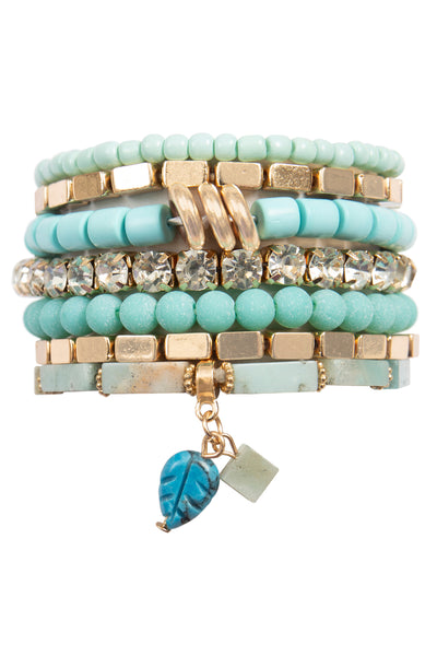 MIX STONE BEADS CCB RHINESTONE LEAF PENDANT, CHARM LEYERED VERSATILE BRACELET SET
