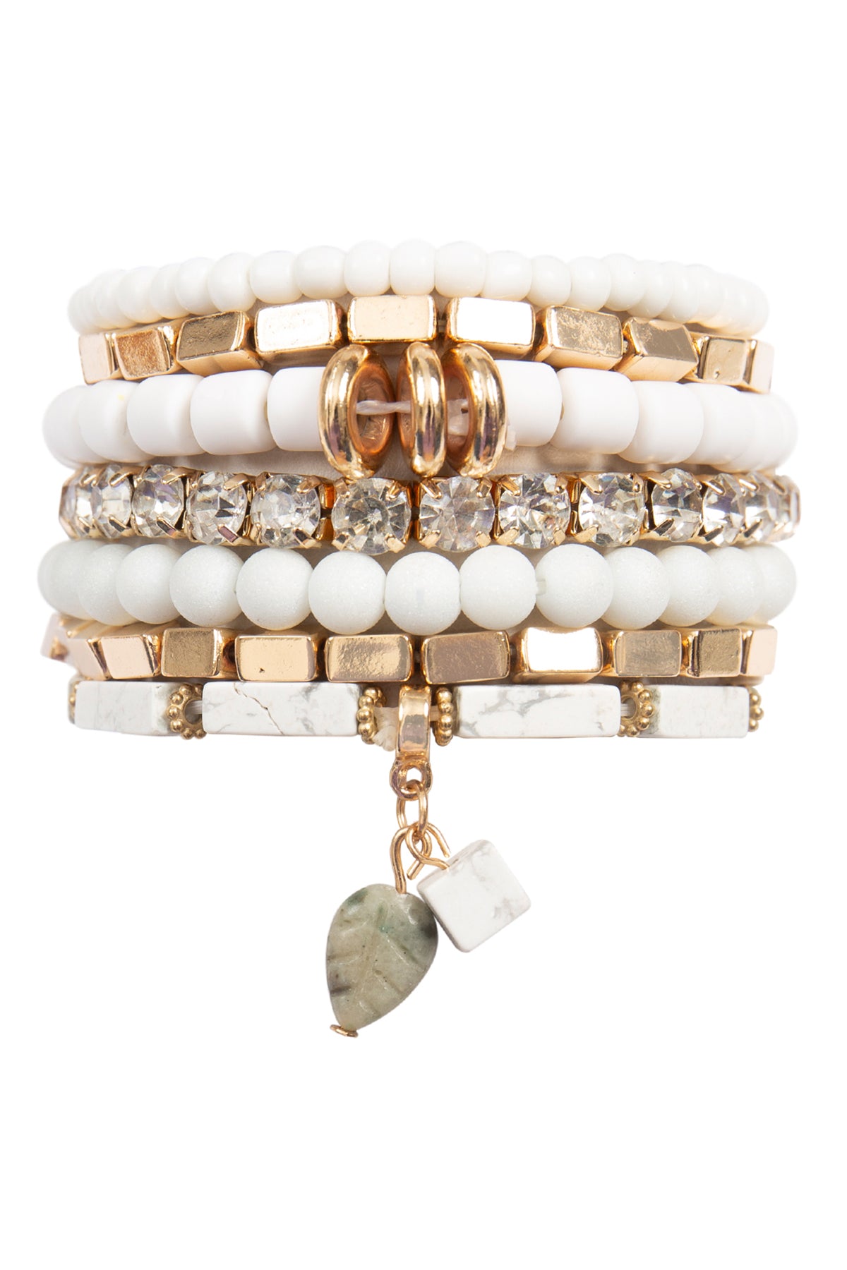 MIX STONE BEADS CCB RHINESTONE LEAF PENDANT, CHARM LEYERED VERSATILE BRACELET SET